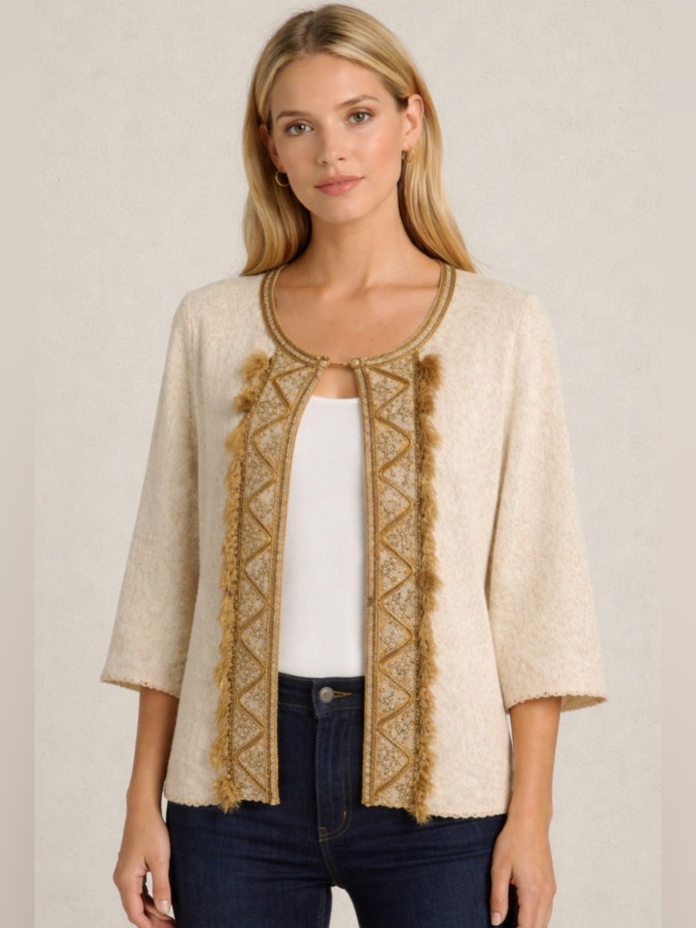 Calypso St. Barth Cream Embroidered Cardigan Sweater with Gold Trim S